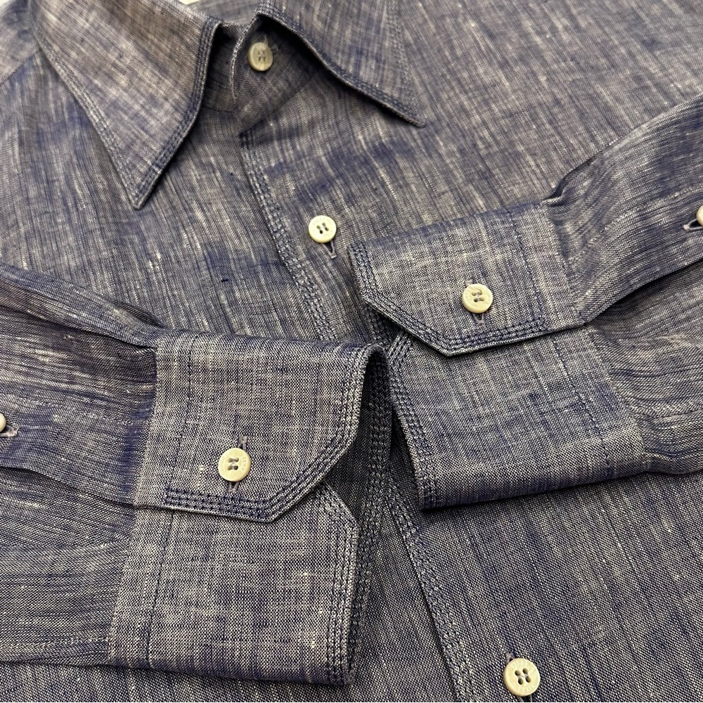 Zilli Blue Slub Linen Long Sleeve Shirt Men Size 44/17.5 French Italian Luxury